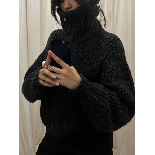 oversize！美式復古拉鍊高領毛衣開衫女秋冬新款寬松加厚針織外套