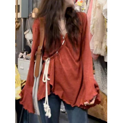 大碼微胖mm韓系綁帶喇叭袖針織衫女早秋季寬松不規則顯瘦遮肉上衣