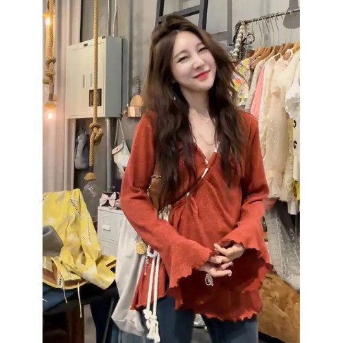 大碼微胖mm韓系綁帶喇叭袖針織衫女早秋季寬松不規則顯瘦遮肉上衣