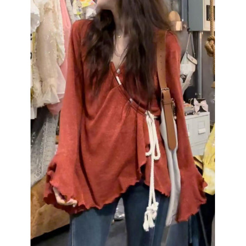 大碼微胖mm韓系綁帶喇叭袖針織衫女早秋季寬松不規則顯瘦遮肉上衣