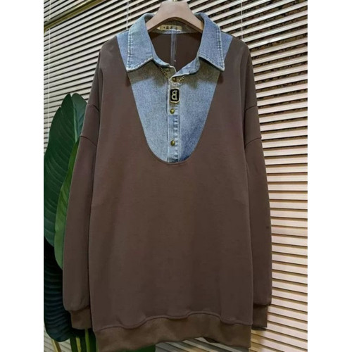 胖MM秋冬時尚洋氣牛仔領拼接假兩件寬松大碼中長款長袖衛衣300斤 胖MM秋冬時尚洋氣牛仔領拼接假兩件寬松大碼中長款長袖衛衣300斤