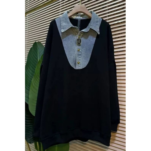 胖MM秋冬時尚洋氣牛仔領拼接假兩件寬松大碼中長款長袖衛衣300斤 胖MM秋冬時尚洋氣牛仔領拼接假兩件寬松大碼中長款長袖衛衣300斤