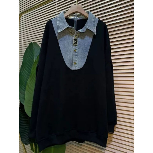 胖MM秋冬時尚洋氣牛仔領拼接假兩件寬松大碼中長款長袖衛衣300斤 胖MM秋冬時尚洋氣牛仔領拼接假兩件寬松大碼中長款長袖衛衣300斤