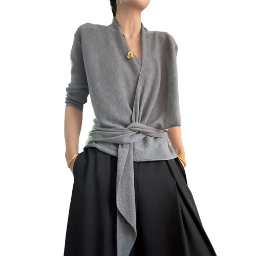 2025新款設計感v領針織衫長袖秋冬季氣質內搭韓系不規則收腰上衣