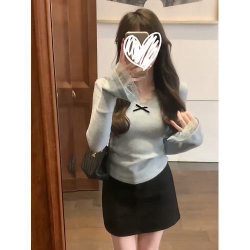 法式小香風蕾絲花邊v領針織衫女秋冬春可外穿內搭打底衫長袖上衣