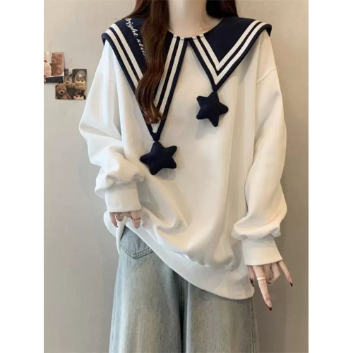 胖mm300斤大碼學院風設計感海軍領衛衣女春秋寬松撞色減齡上衣潮 胖mm300斤大碼學院風設計感海軍領衛衣女春秋寬松撞色減齡上衣潮