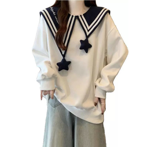 胖mm300斤大碼學院風設計感海軍領衛衣女春秋寬松撞色減齡上衣潮 胖mm300斤大碼學院風設計感海軍領衛衣女春秋寬松撞色減齡上衣潮