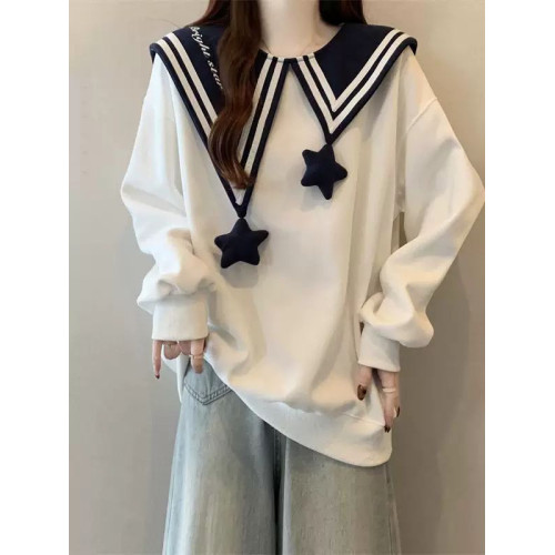 胖mm300斤大碼學院風設計感海軍領衛衣女春秋寬松撞色減齡上衣潮 胖mm300斤大碼學院風設計感海軍領衛衣女春秋寬松撞色減齡上衣潮