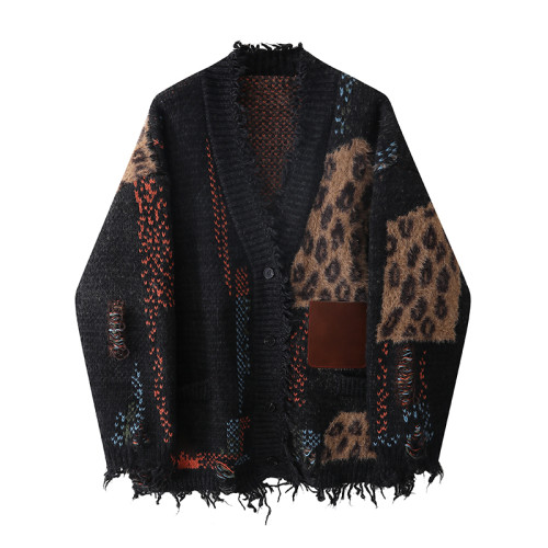 重工皮標破碎流蘇加厚撞色毛衣寬松松弛感開衫外套女秋冬新款