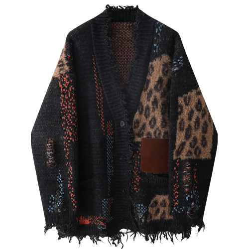 重工皮標破碎流蘇加厚撞色毛衣寬松松弛感開衫外套女秋冬新款