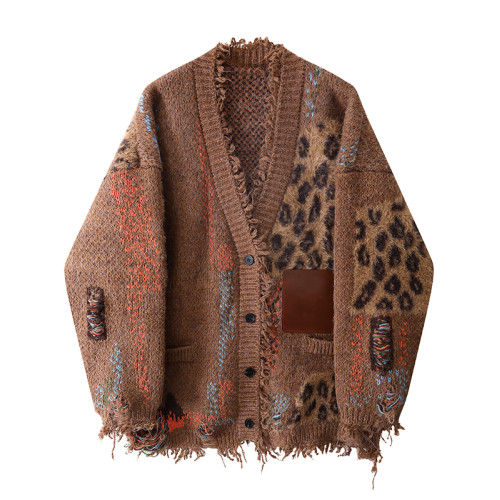 重工皮標破碎流蘇加厚撞色毛衣寬松松弛感開衫外套女秋冬新款