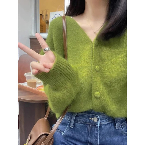 牛油果綠色毛衣外套女早秋2025新款v領短款外穿溫柔慵懶針織開衫