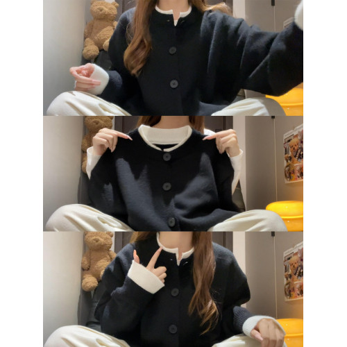 秋冬穿搭高級感假兩件針織衫上衣外套女純色寬松慵懶風開衫毛衣