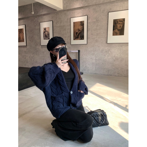 深藍色麻花毛衣外套女冬季長袖v領針織開衫寬鬆休閒氣質上衣外搭