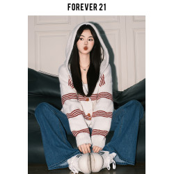 Forever 21巨好看條紋連帽開衫外套女秋慵懶休閒長袖軟糯針織上衣