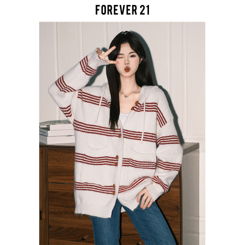 Forever 21巨好看條紋連帽開衫外套女秋慵懶休閒長袖軟糯針織上衣