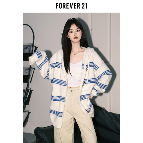 Forever 21巨好看條紋連帽開衫外套女秋慵懶休閒長袖軟糯針織上衣