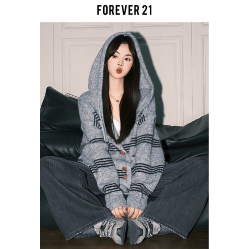 Forever 21巨好看條紋連帽開衫外套女秋慵懶休閒長袖軟糯針織上衣
