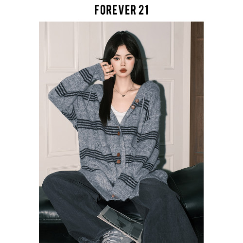 Forever 21巨好看條紋連帽開衫外套女秋慵懶休閒長袖軟糯針織上衣