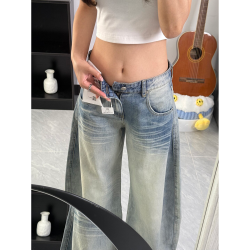 美式復古彎刀牛仔褲女秋季2025新款低腰寬松直筒濶腿拖地鐮刀褲子