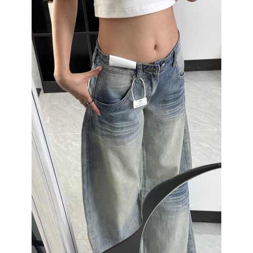 美式復古彎刀牛仔褲女秋季2025新款低腰寬松直筒濶腿拖地鐮刀褲子