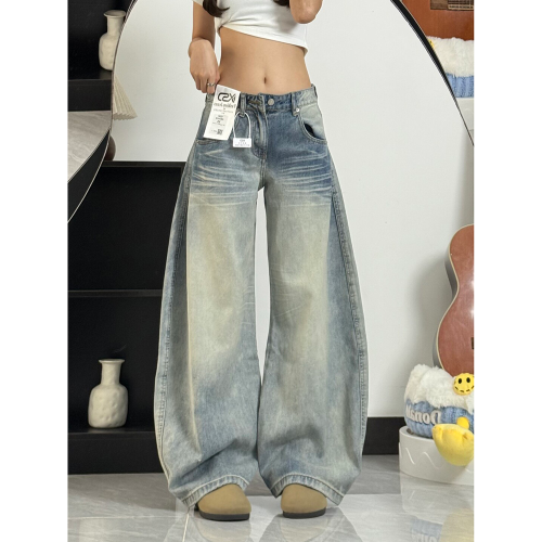 美式復古彎刀牛仔褲女秋季2025新款低腰寬松直筒濶腿拖地鐮刀褲子