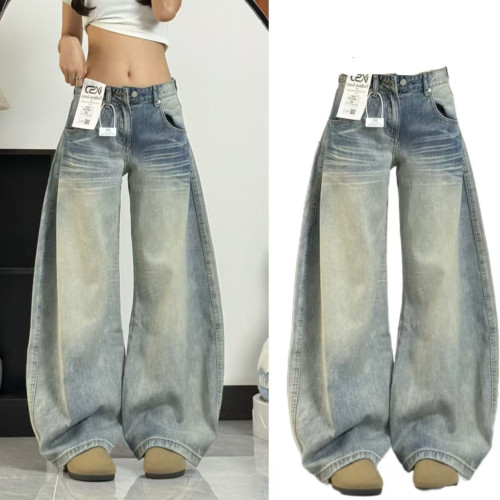 美式復古彎刀牛仔褲女秋季2025新款低腰寬松直筒濶腿拖地鐮刀褲子