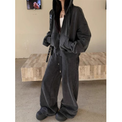 秋冬新款美式復古休閒慵懶風連帽拉鍊寬松做舊長袖衛衣外套上衣女