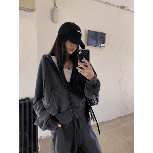 秋冬新款美式復古休閒慵懶風連帽拉鍊寬松做舊長袖衛衣外套上衣女 秋冬新款美式復古休閒慵懶風連帽拉鍊寬松做舊長袖衛衣外套上衣女