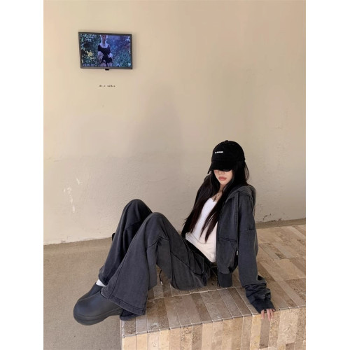 秋冬新款美式復古休閒慵懶風連帽拉鍊寬松做舊長袖衛衣外套上衣女 秋冬新款美式復古休閒慵懶風連帽拉鍊寬松做舊長袖衛衣外套上衣女