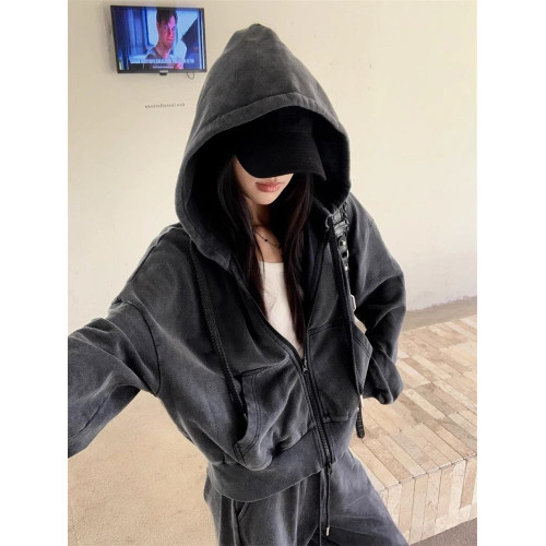 秋冬新款美式復古休閒慵懶風連帽拉鍊寬松做舊長袖衛衣外套上衣女 秋冬新款美式復古休閒慵懶風連帽拉鍊寬松做舊長袖衛衣外套上衣女