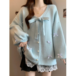 大碼胖mm秋季新款時尚蕾絲邊長袖開衫毛衣寬松顯瘦簡約百搭上衣女