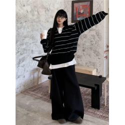 大碼胖mm韓系別致V領長袖條紋針織衫女秋裝套頭寬松慵懶毛衣上衣