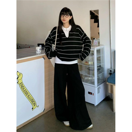 大碼胖mm韓系別致V領長袖條紋針織衫女秋裝套頭寬松慵懶毛衣上衣