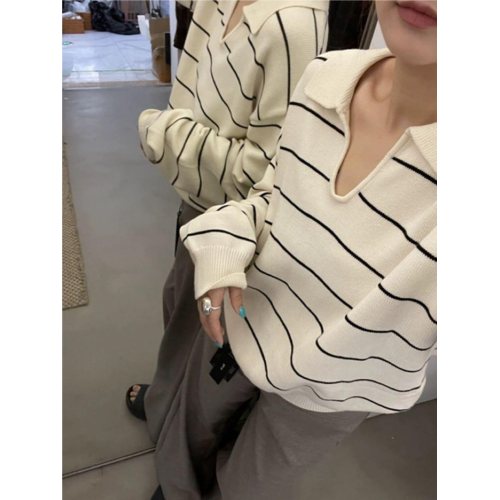 大碼胖mm韓系別致V領長袖條紋針織衫女秋裝套頭寬松慵懶毛衣上衣