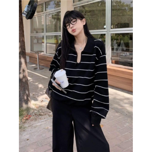 大碼胖mm韓系別致V領長袖條紋針織衫女秋裝套頭寬松慵懶毛衣上衣