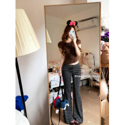 拉長腿線~辣妹條紋顯瘦長褲女秋冬百搭修身抽繩微喇叭運動瑜珈褲