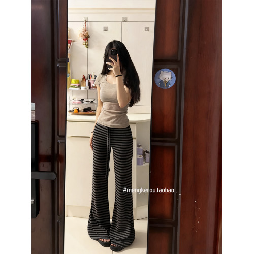 拉長腿線~辣妹條紋顯瘦長褲女秋冬百搭修身抽繩微喇叭運動瑜珈褲 拉長腿線~辣妹條紋顯瘦長褲女秋冬百搭修身抽繩微喇叭運動瑜珈褲