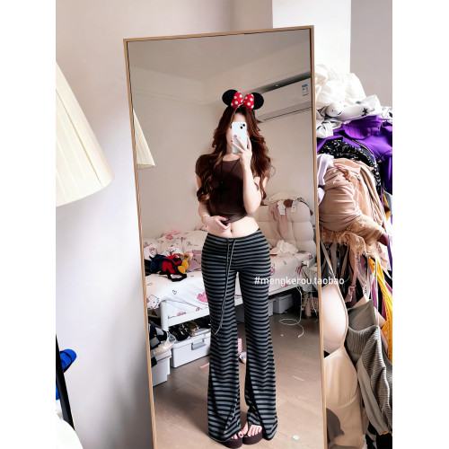拉長腿線~辣妹條紋顯瘦長褲女秋冬百搭修身抽繩微喇叭運動瑜珈褲 拉長腿線~辣妹條紋顯瘦長褲女秋冬百搭修身抽繩微喇叭運動瑜珈褲