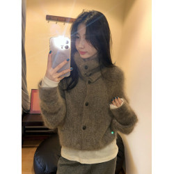 慵懶風駝色馬海毛高領針織開衫女秋冬軟糯奶fufu毛衣外套寬松上衣