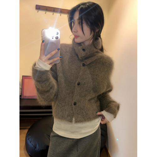 慵懶風駝色馬海毛高領針織開衫女秋冬軟糯奶fufu毛衣外套寬松上衣