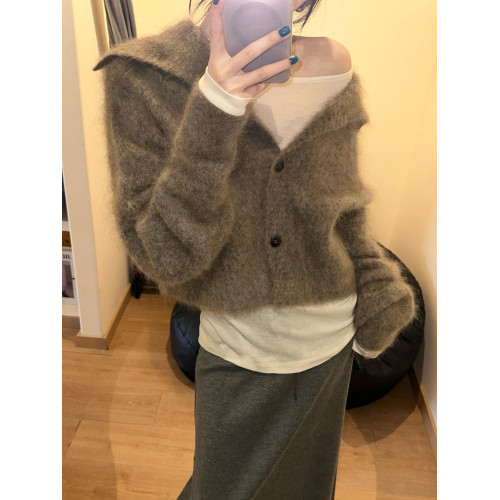 慵懶風駝色馬海毛高領針織開衫女秋冬軟糯奶fufu毛衣外套寬松上衣