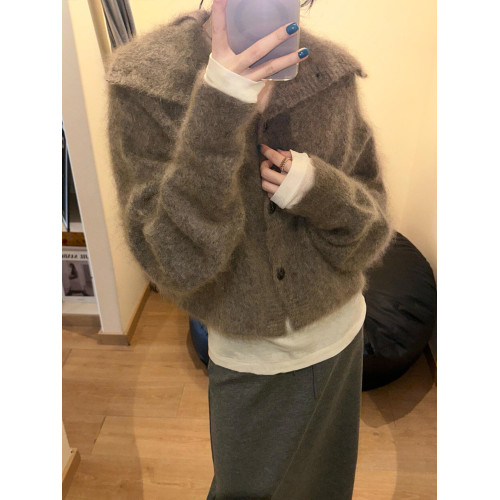 慵懶風駝色馬海毛高領針織開衫女秋冬軟糯奶fufu毛衣外套寬松上衣