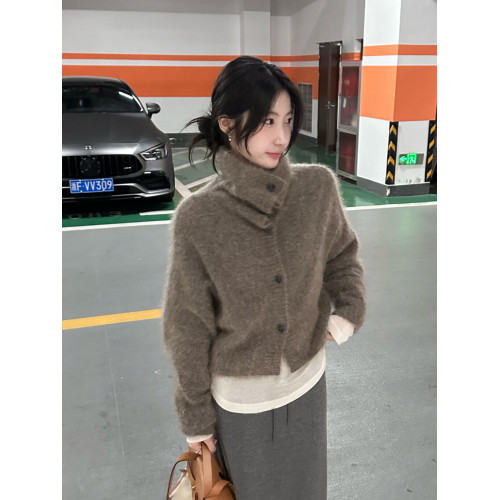 慵懶風駝色馬海毛高領針織開衫女秋冬軟糯奶fufu毛衣外套寬松上衣
