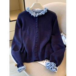 自畱款~木耳花邊針織毛衣開衫女秋冬新款溫柔風百搭減齡外套