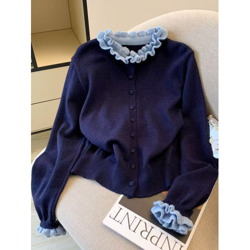 自畱款~木耳花邊針織毛衣開衫女秋冬新款溫柔風百搭減齡外套