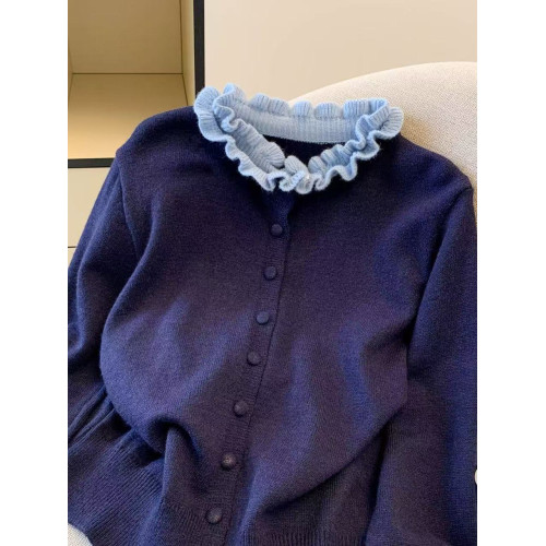 自畱款~木耳花邊針織毛衣開衫女秋冬新款溫柔風百搭減齡外套