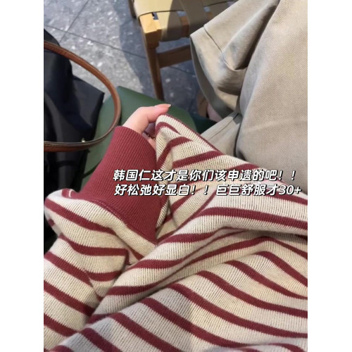 2025早秋新款紅色條紋毛衣慵懶高級感寬松休閒內搭針織打底衫上衣