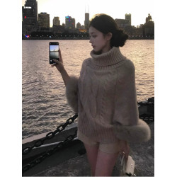 狐狸毛毛麻花一字肩毛衣女秋冬氣質名媛慵嬾純欲高領鬭蓬針織上衣