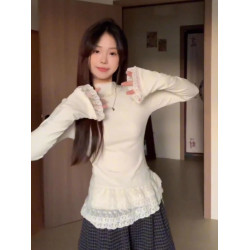 韓系純欲蕾絲半高領長袖毛衣女秋冬小個子套頭修身顯瘦打底衫上衣